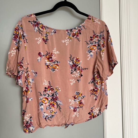 Pink floral print front tie crop top, Loose Ruffle Sleeves - XL - Picture 3 of 6